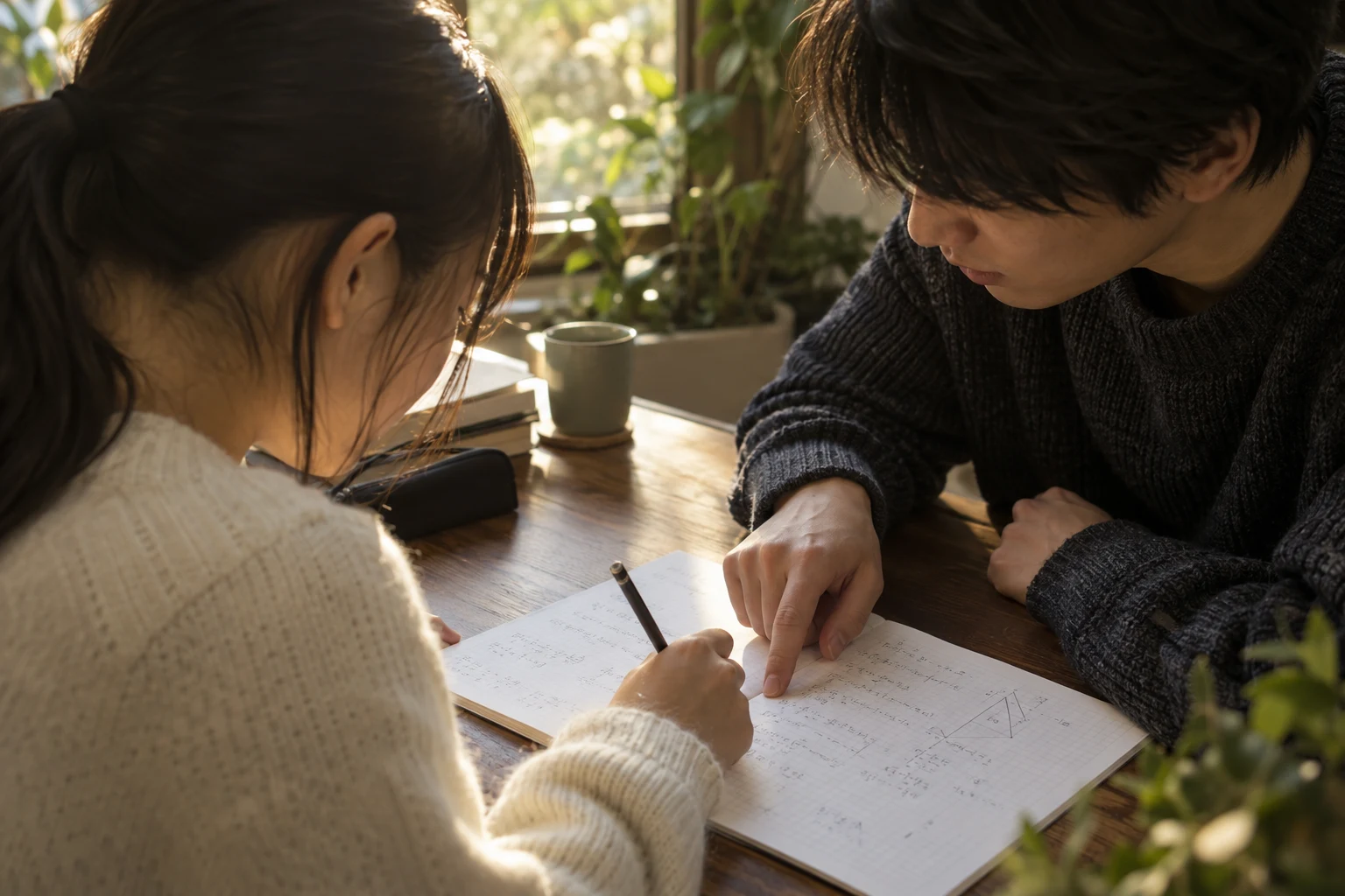 同じノートを指す生徒と講師の手元